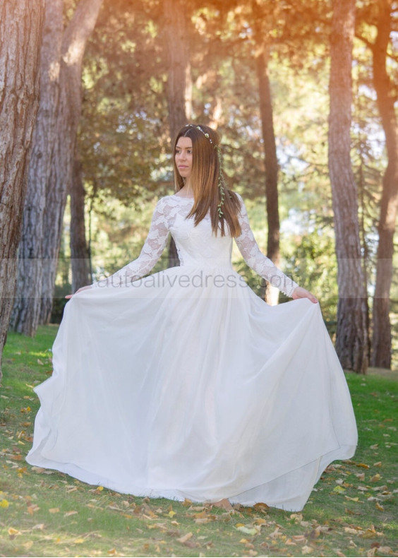 Ivory Leaf Lace Chiffon Keyhole Back Chic Wedding Dress